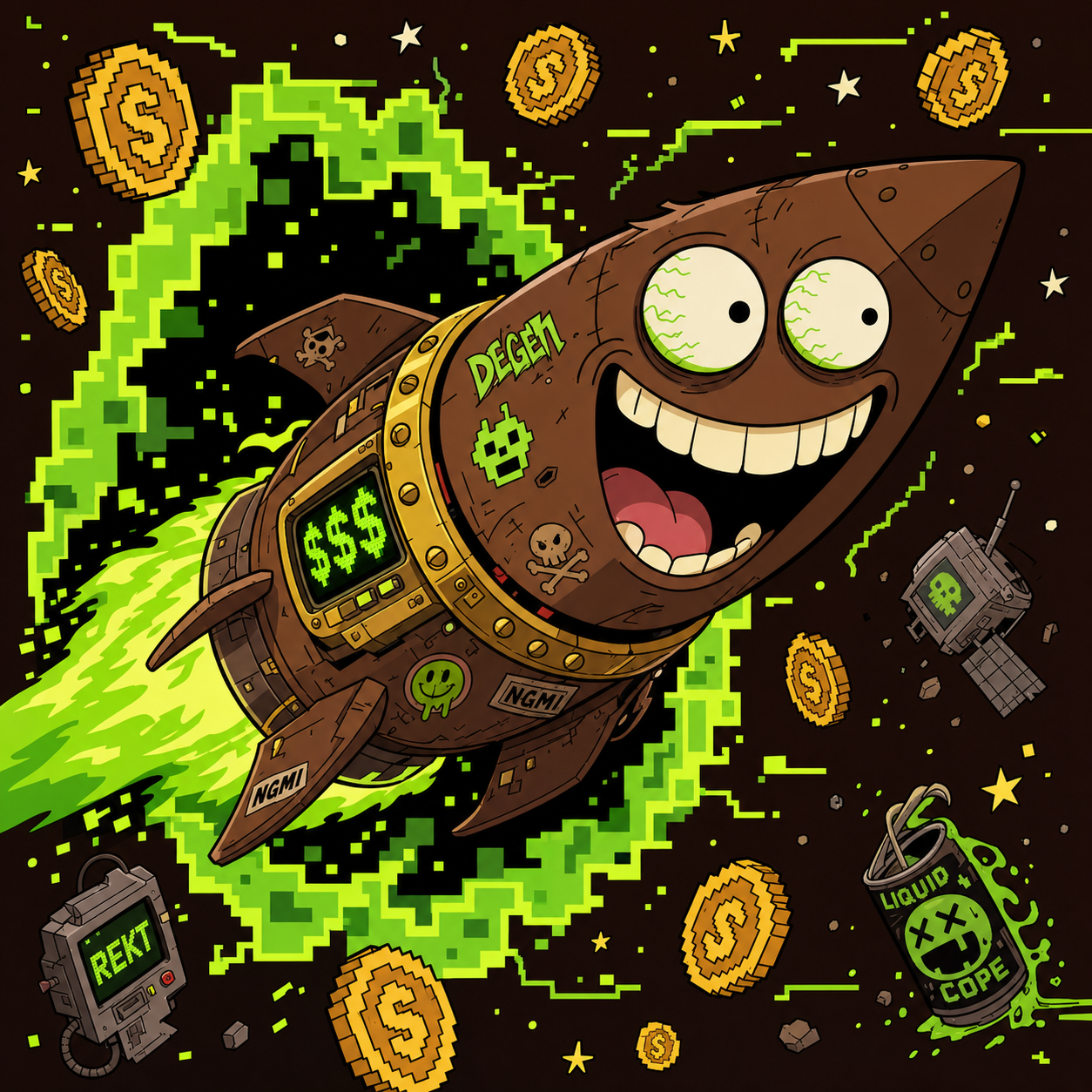 Wild cartoon rocket bursting through a lime green portal